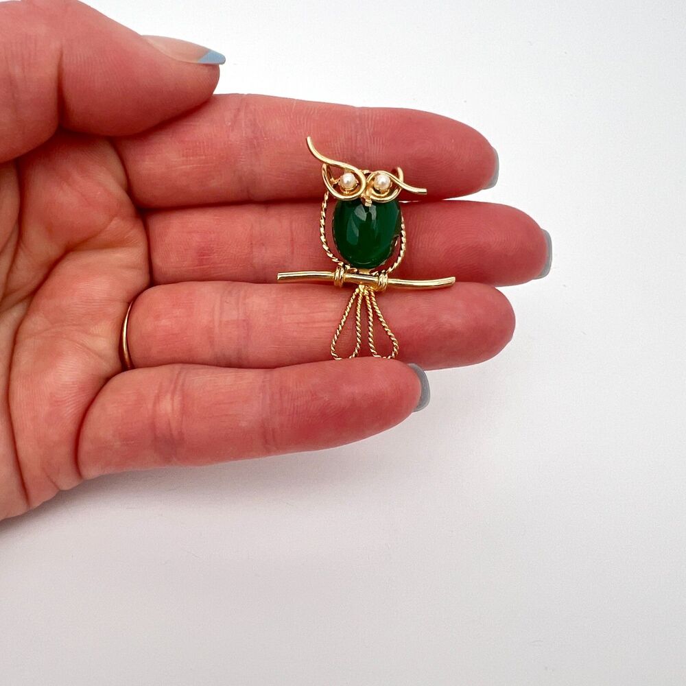 VTG Turin Inc Green Cabochon Jelly Belly Whimsical Owl Brooch 12KT Gold Filled